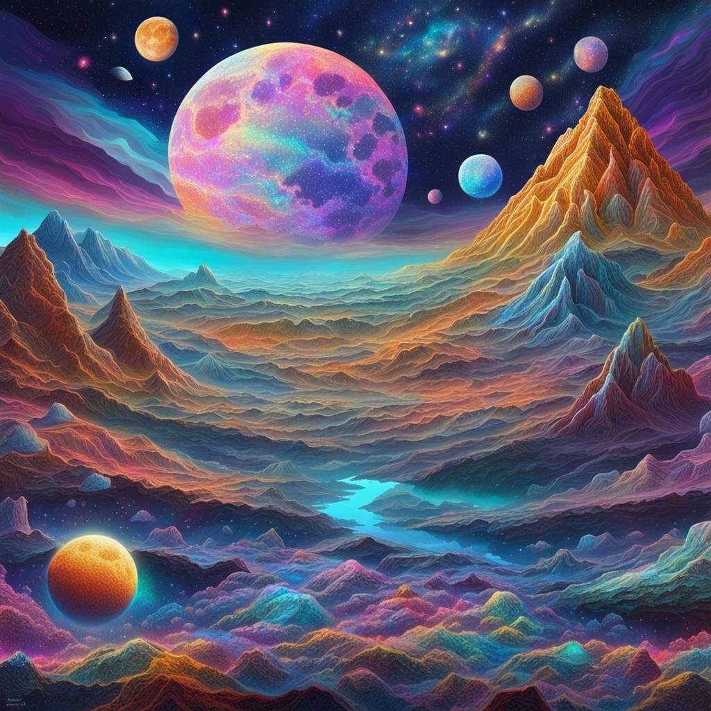 Cosmic Moonscape: Holographic Astral Illustration