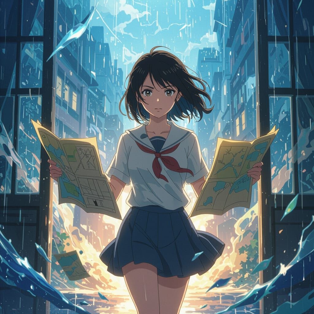 Determined Woman Navigates Magical Chaos with Maps