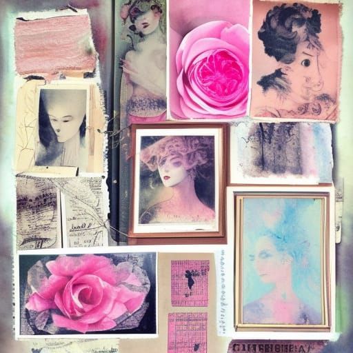 Vintage Scrapbook Collage with Roses in Watercolor Style