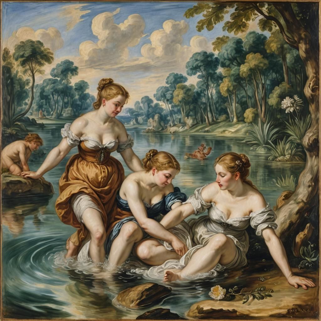 Lush Lagoon Bathing Scene in Baroque Style