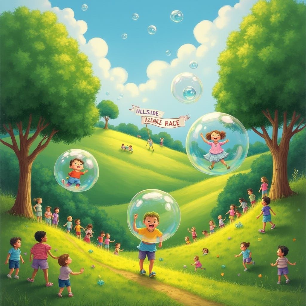 Iridescent Bubble Race Down Verdant Hillside