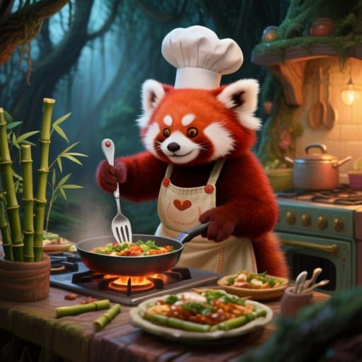 Red Panda Chef Cooking Bamboo Feast in Forest Kitchen