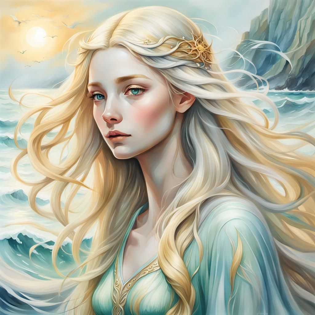 Galadriel by the Sea in Fantasy Gouache Style
