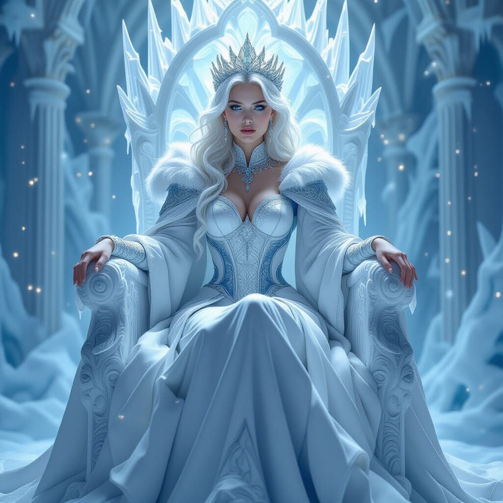 Regal Ice Queen on Ice Throne in Renaissance Masterpiece Sty...
