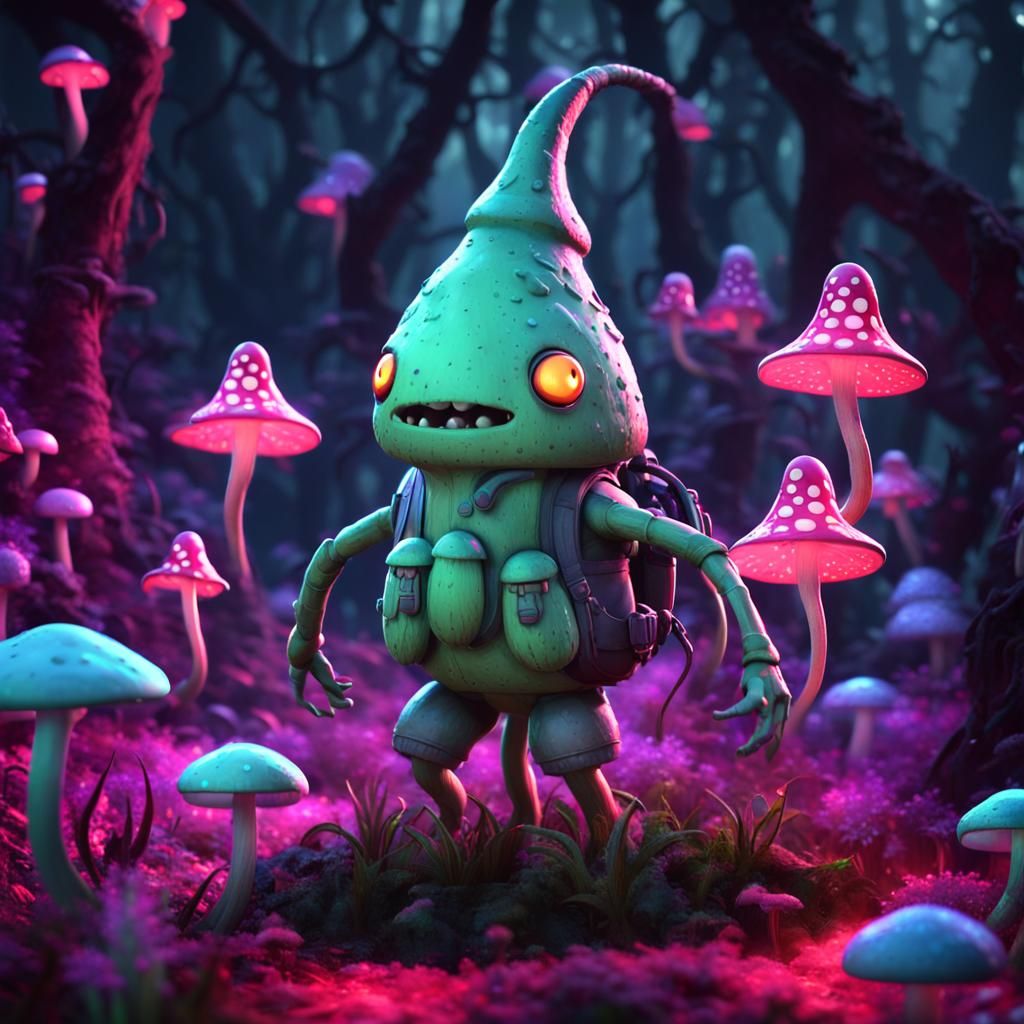Mushroom Adventurer in Lovecraftian Jungle, 3D Render