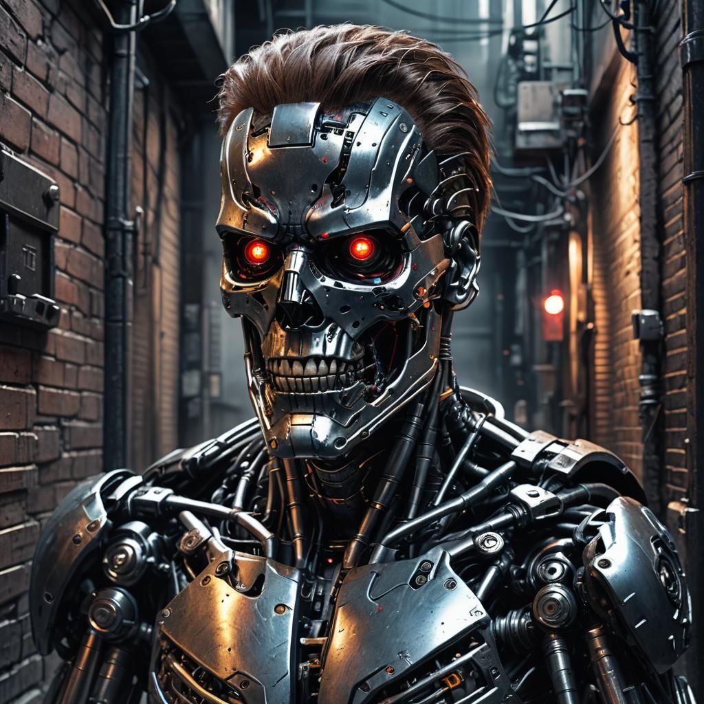 Cyborg Assassin in Dark Alleyway: Sci-Fi Illustration