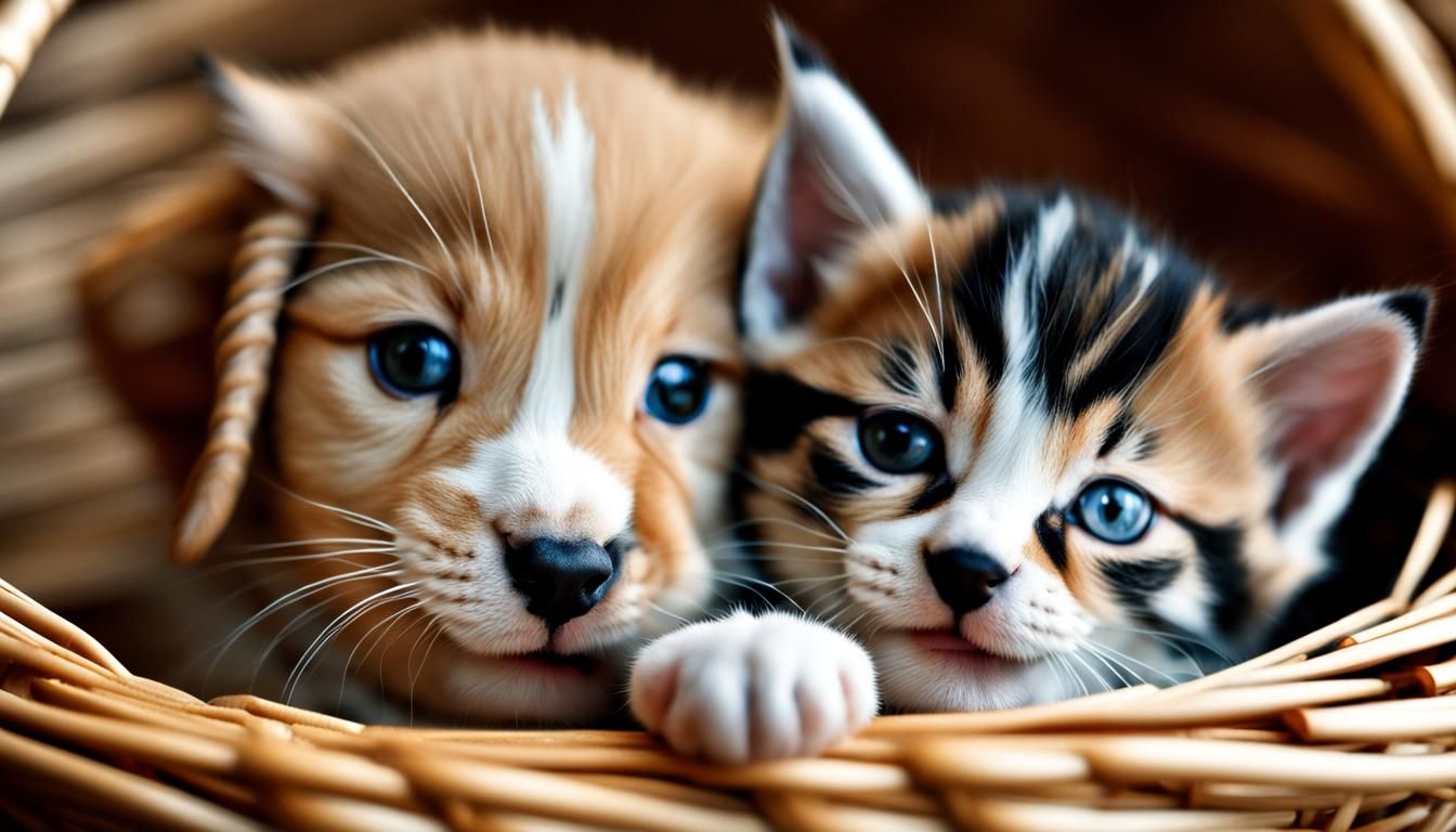 Kitten and Puppy Play in Straw Basket