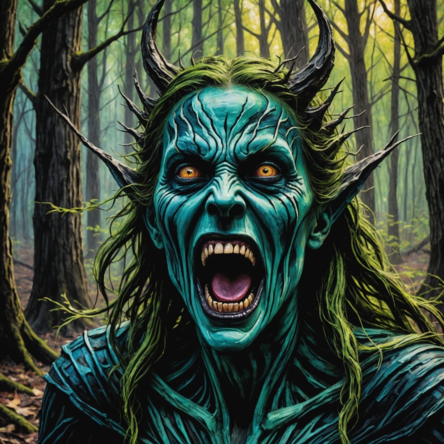Banshee Screaming in Woods: Oil Pastel Close-Up