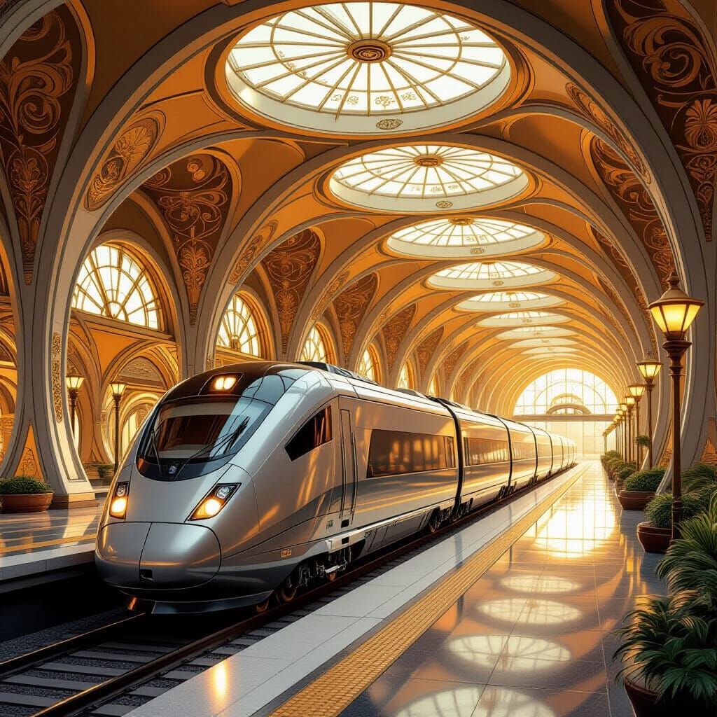 Futuristic Train Station in Art Nouveau Style