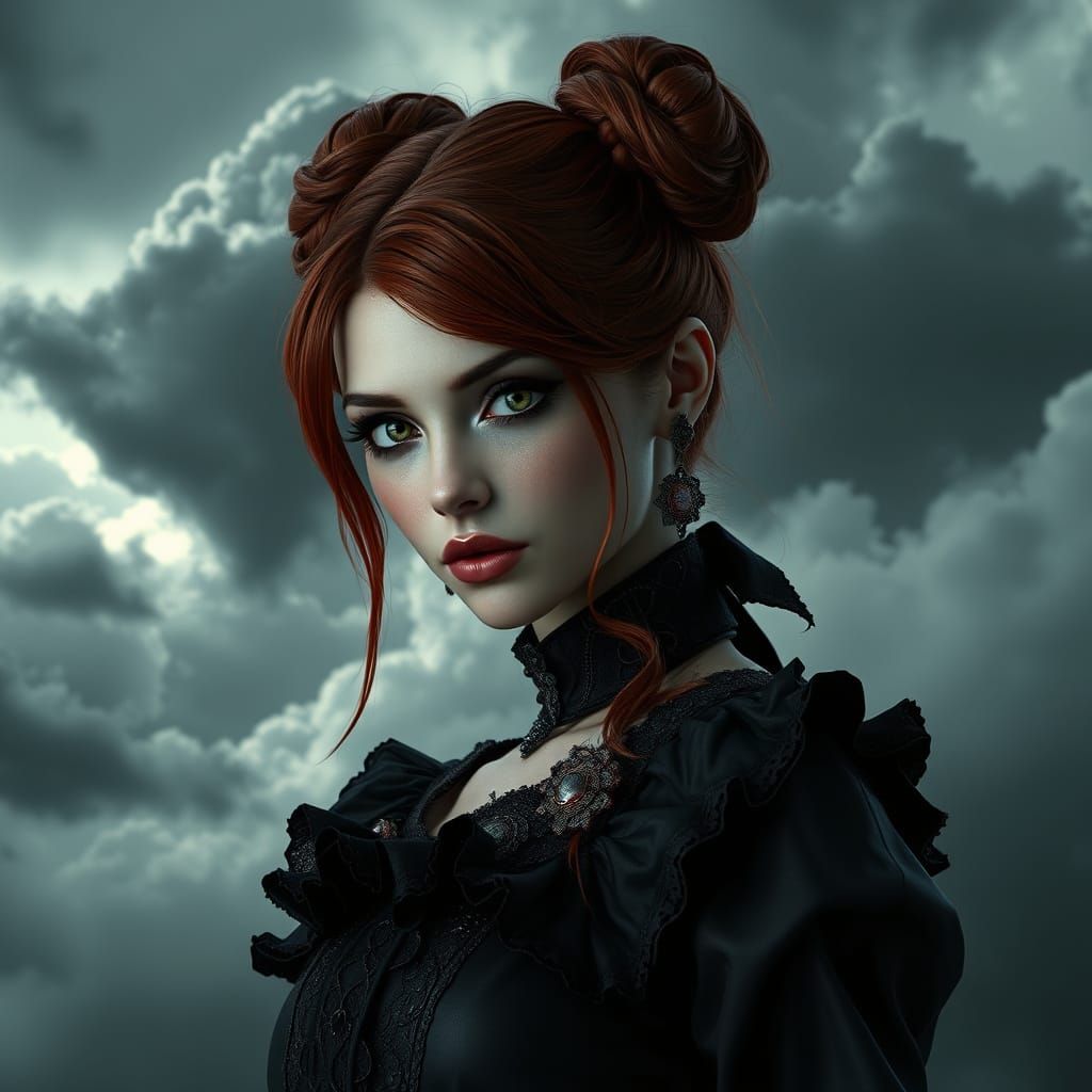 Ethereal Woman in Dark, Moody Atmosphere with Vibrant Red Ha...