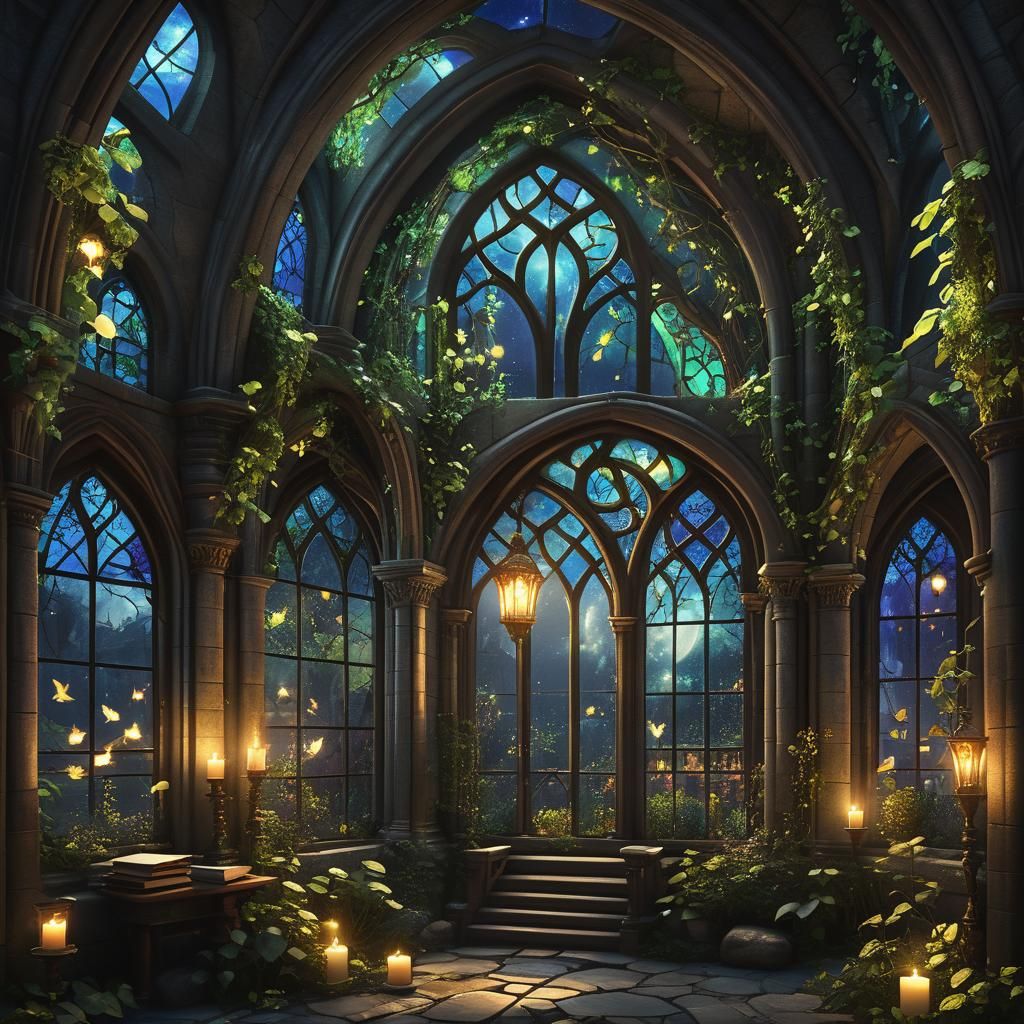 Magical Library with Fairies and Stained Glass