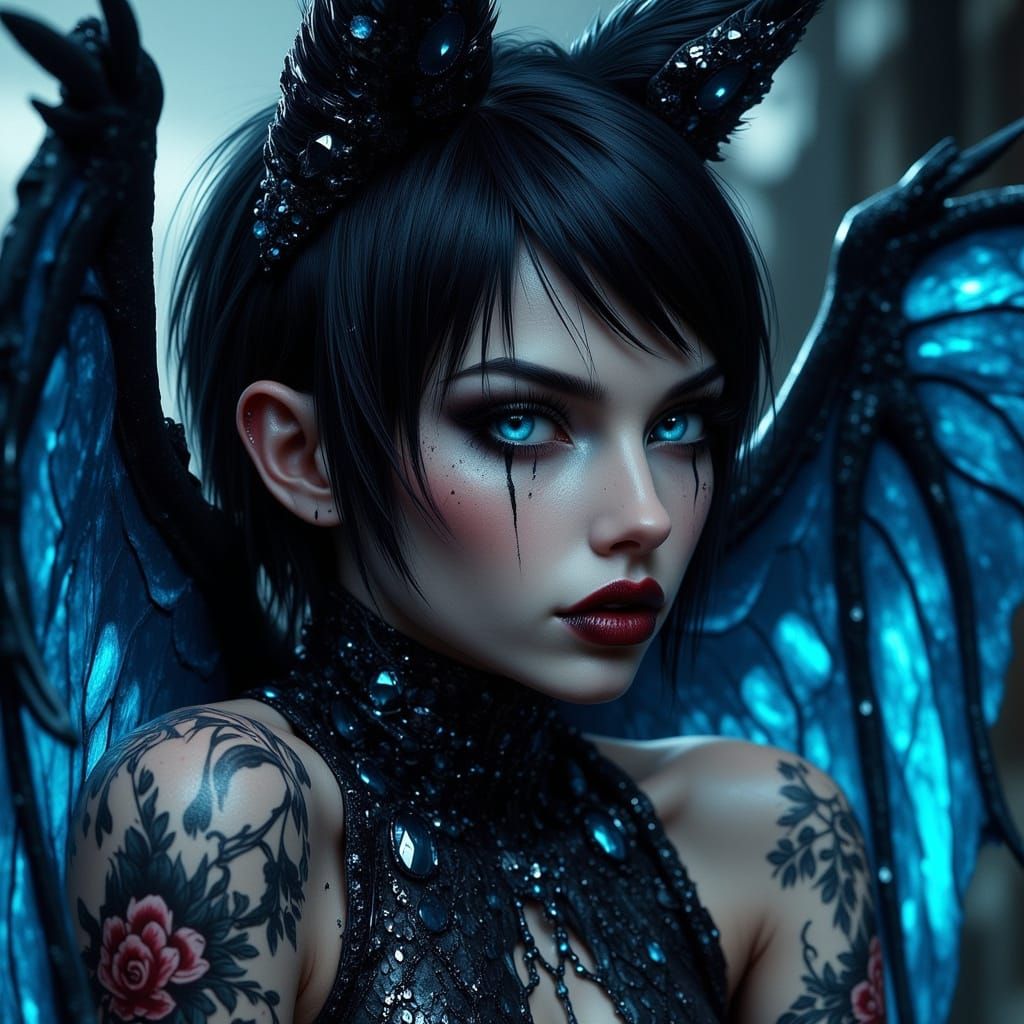 Dark Pixie with Iridescent Wings in Digital Art