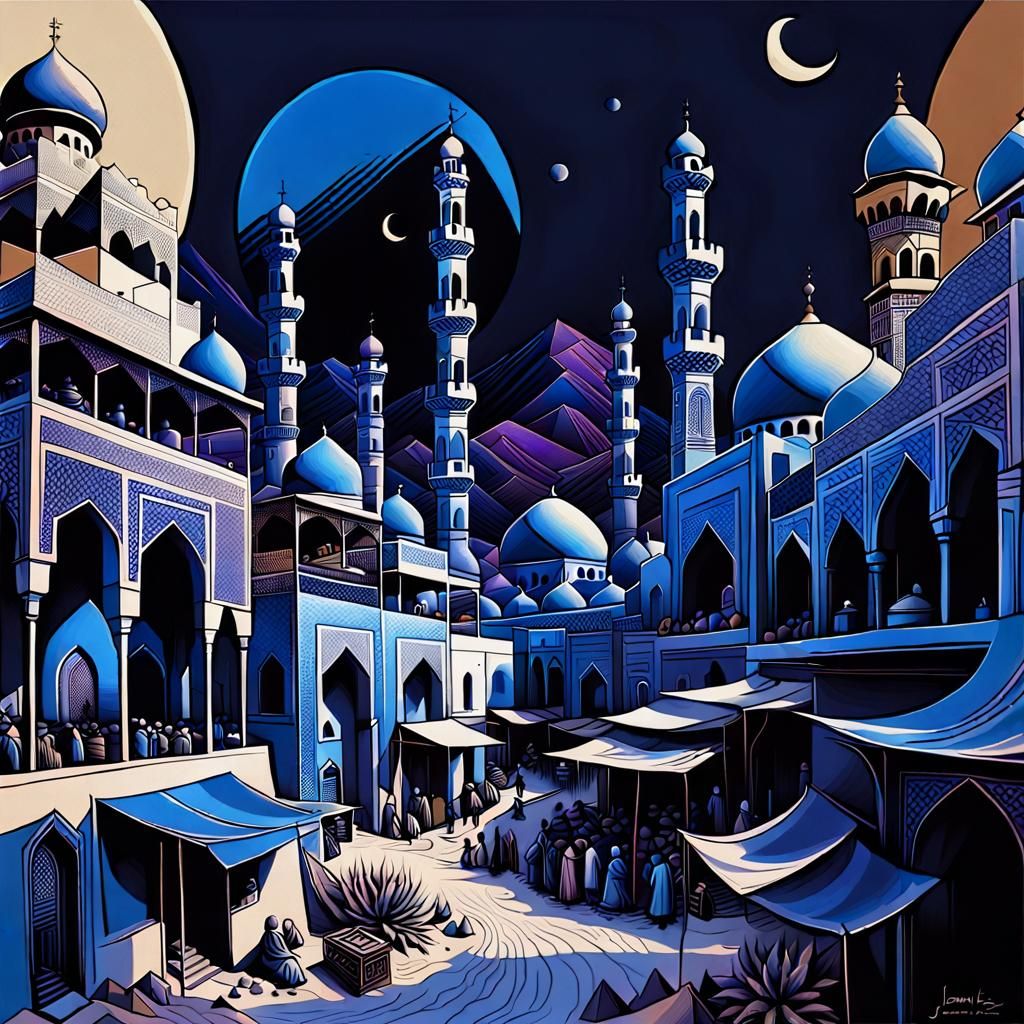 Art Nouveau Desert Town with Bazaar in Vibrant Colors