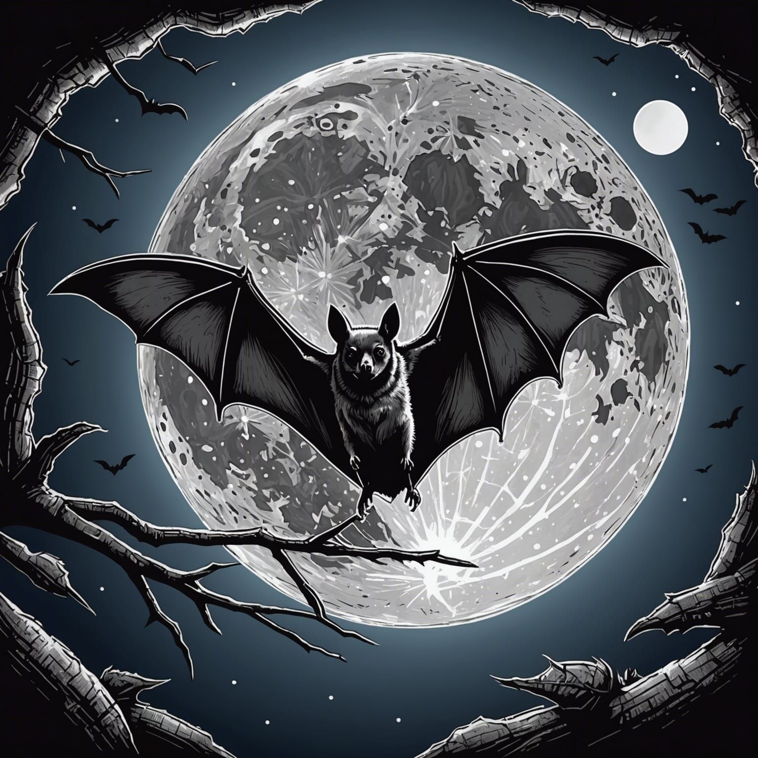 Fruit Bat Silhouetted Against Full Moon in Ink