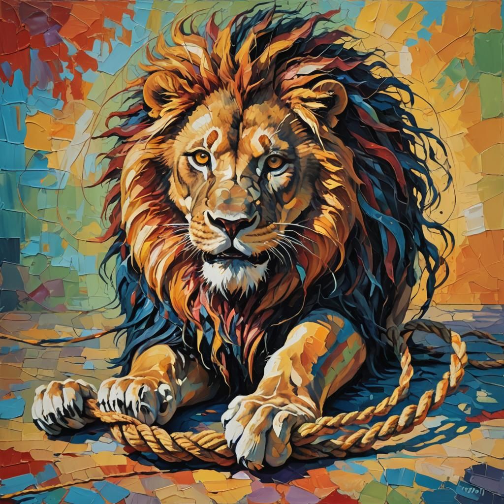 Lion Freed by Mouse in Neo-Impressionist Impasto Painting