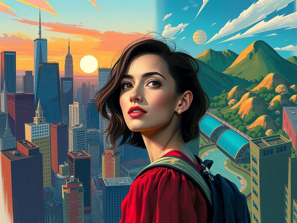 Vibrant Cityscape Meets Serene Nature in Bold, Colorful Art