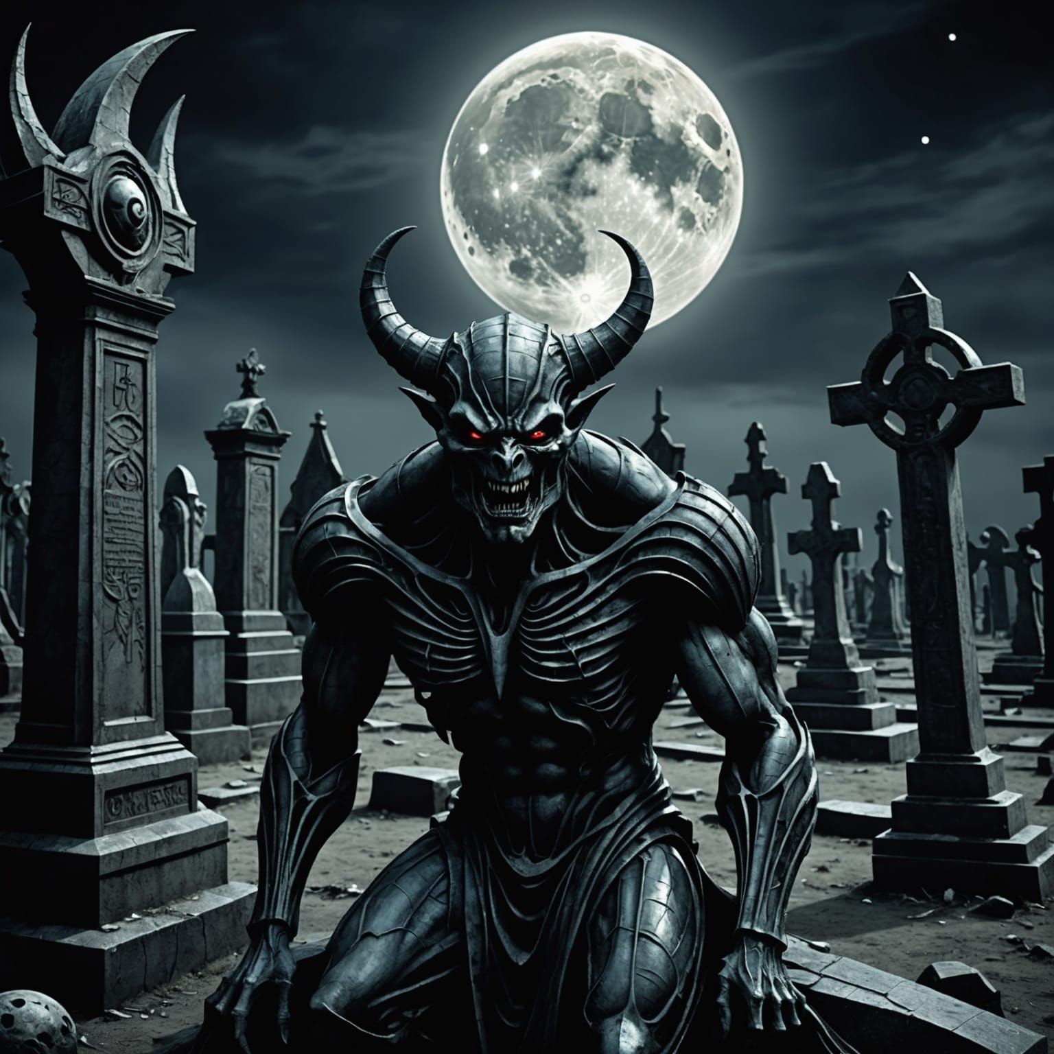 Demon Crying at Moon in Graveyard, Surreal Art