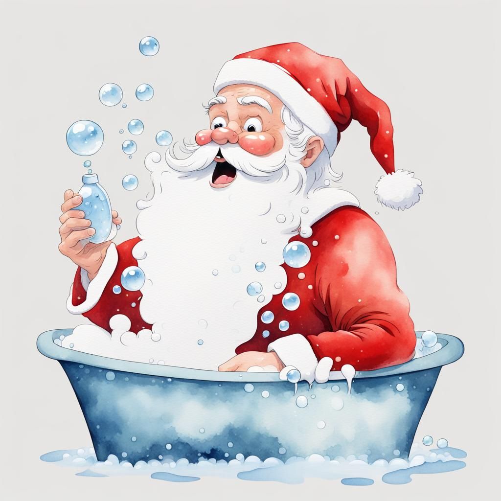 Cartoon Santa Claus Bubble Bath in Watercolor Style