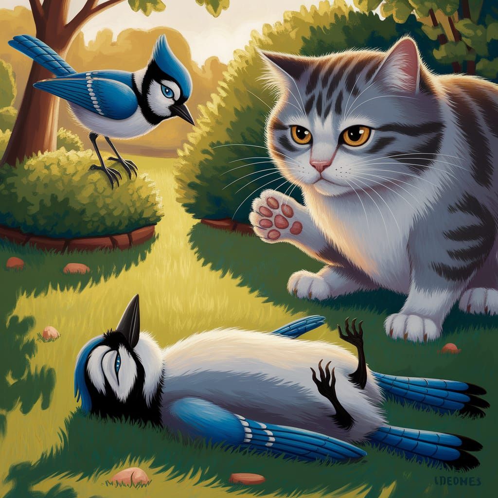 Melancholy Garden: Blue Jay's Last Stand as Oil Painting