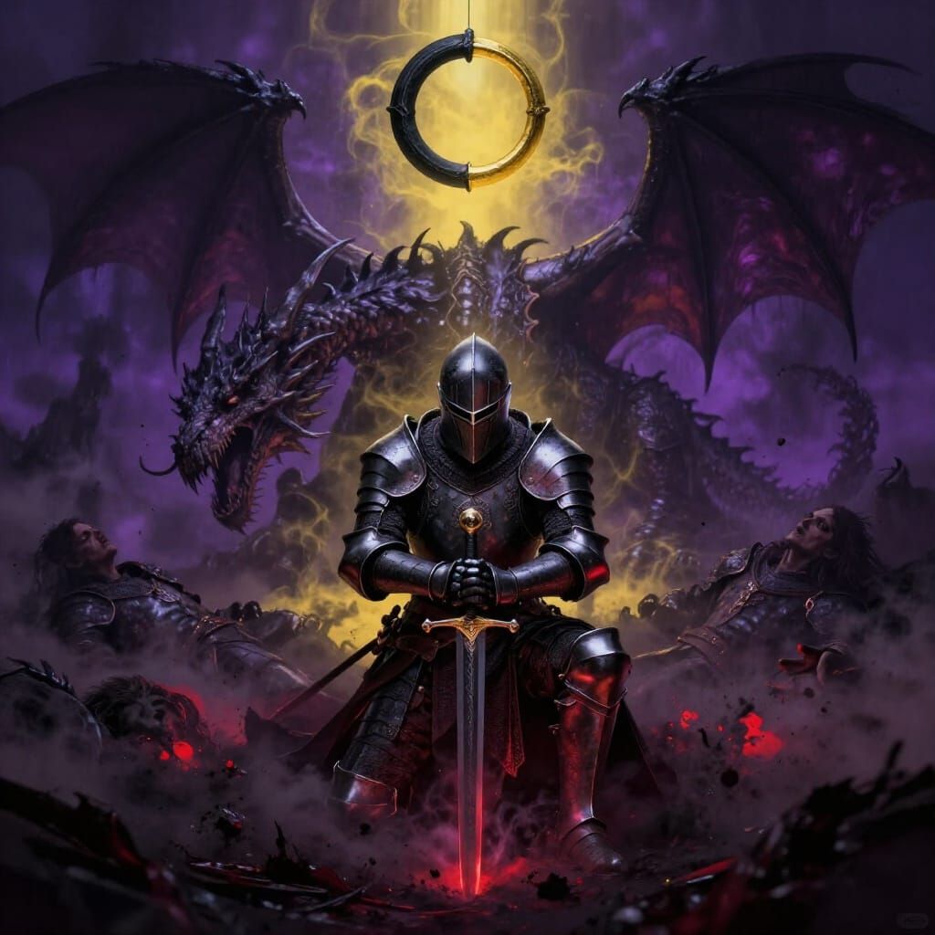 Knight Kneeling with Glowing Black Sword in Dark Magic Dust