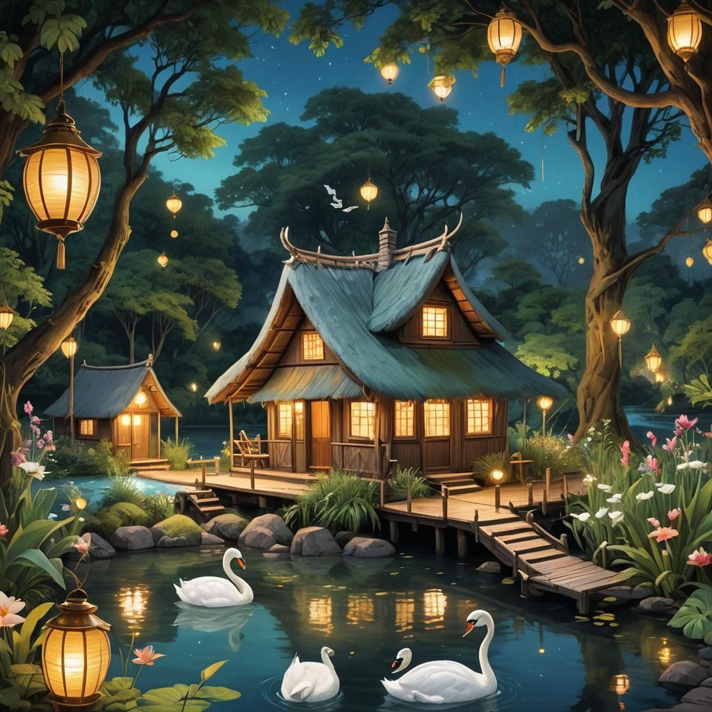 Bioluminescent River Hut at Night