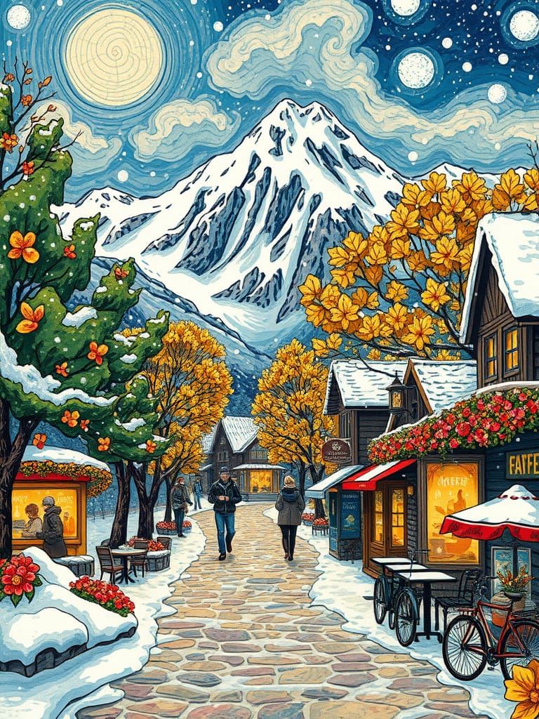 Winter Wonderland Scene in Vibrant Floral Patterns