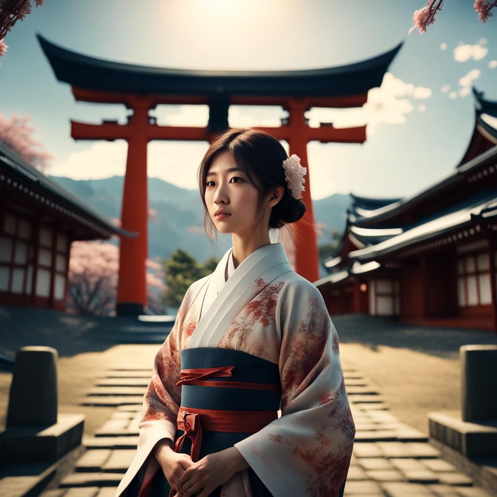 Japanese Woman on Senbon Torii Path: Digital Painting