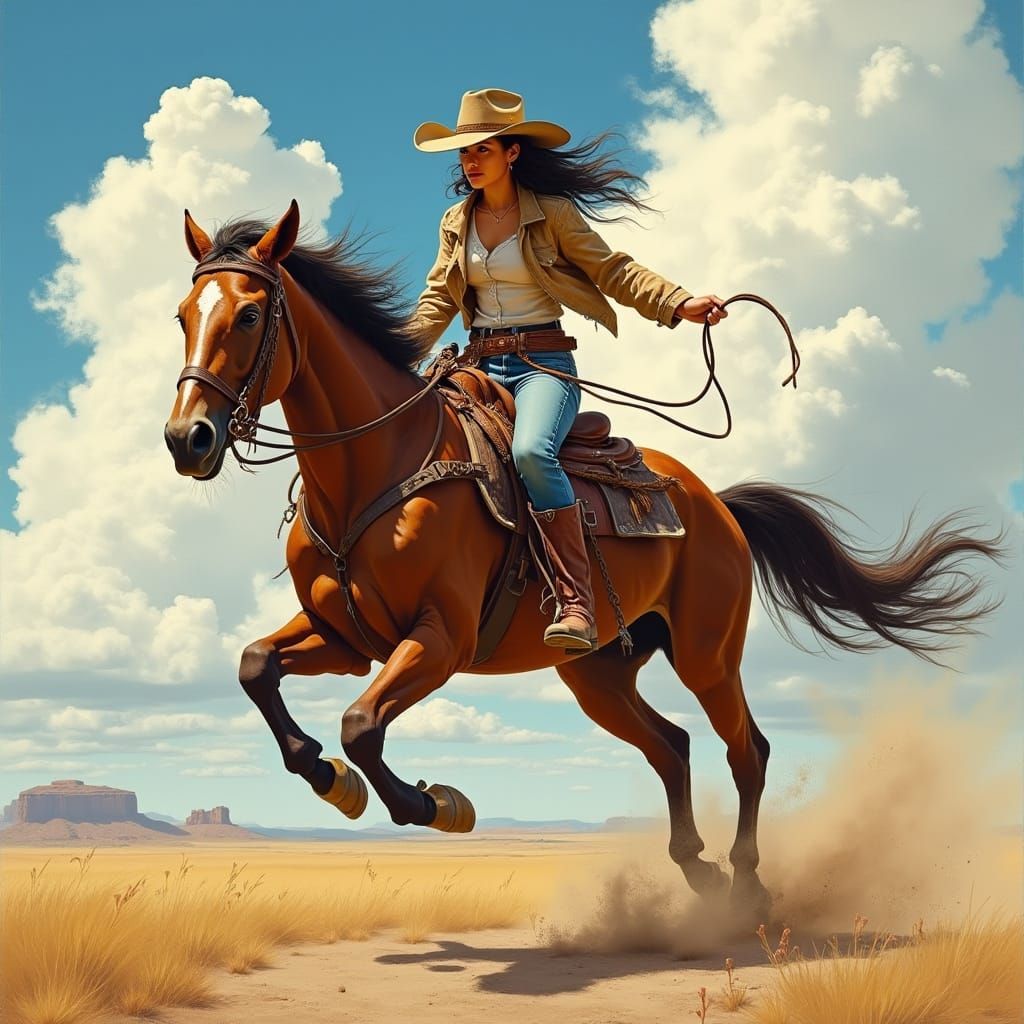 Rugged Cowgirl Rides Bucking Horse Under Sunny Sky