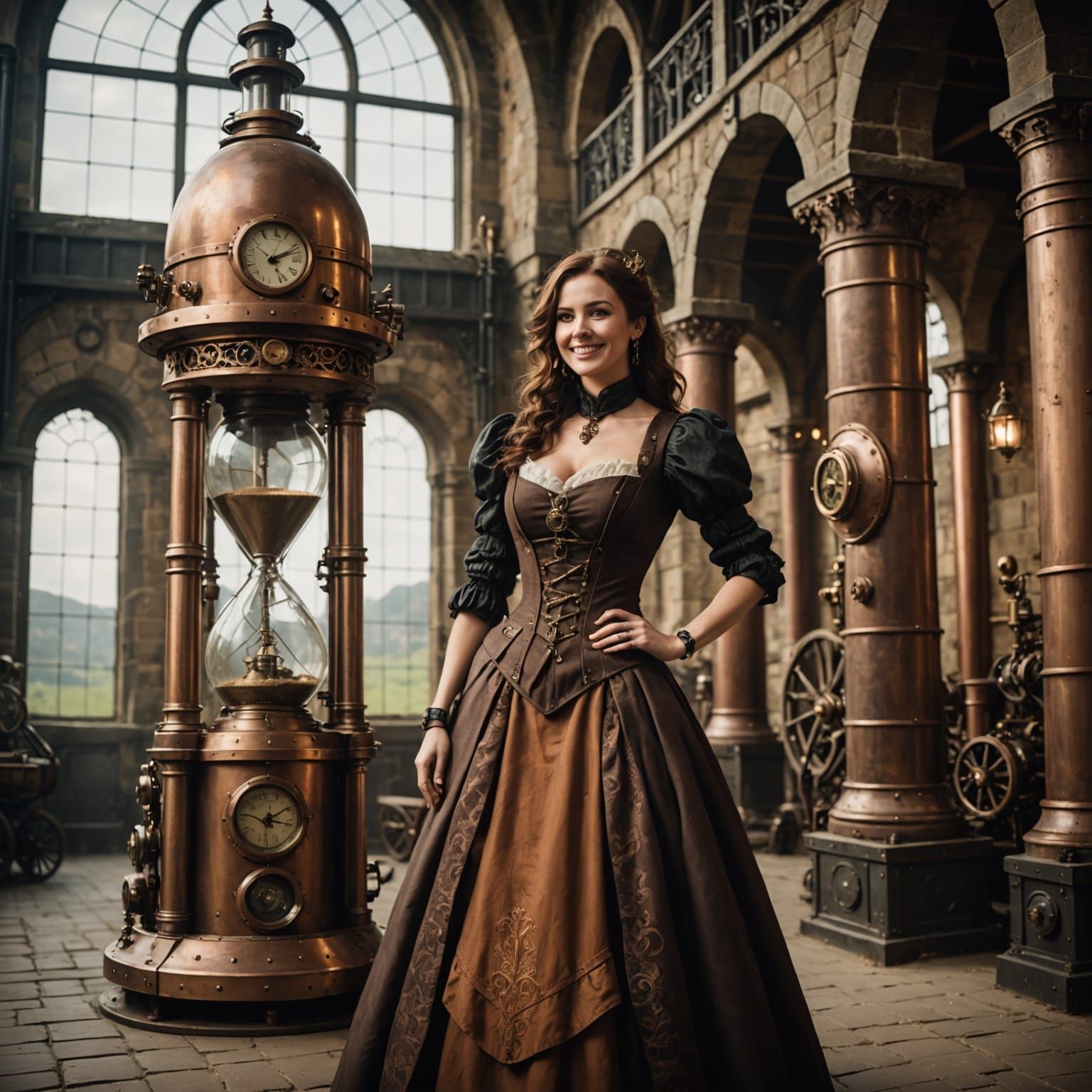 Steampunk Woman with Hourglass in Castle