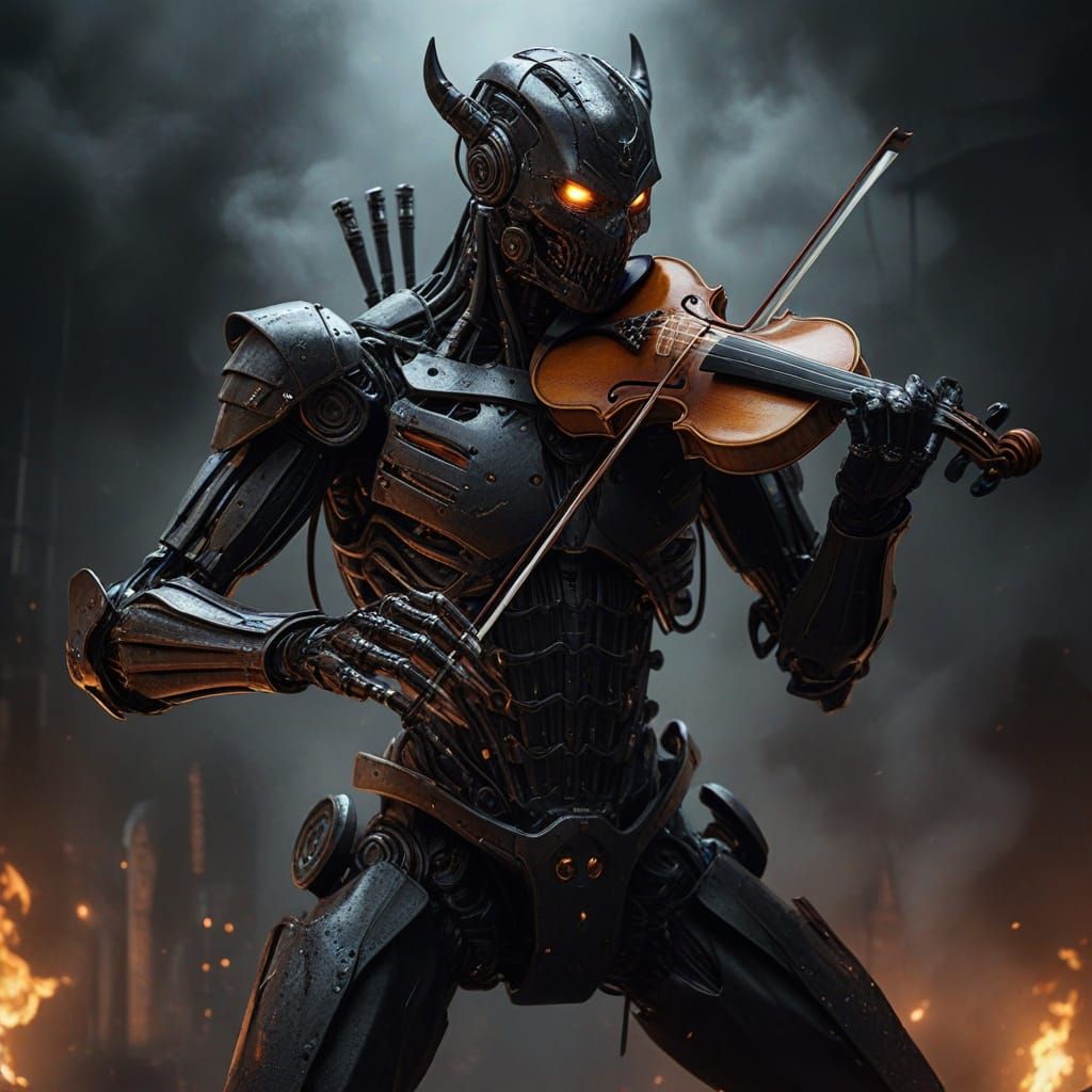 Robot Demon Warrior Plays Violin Amidst Fiery Battle