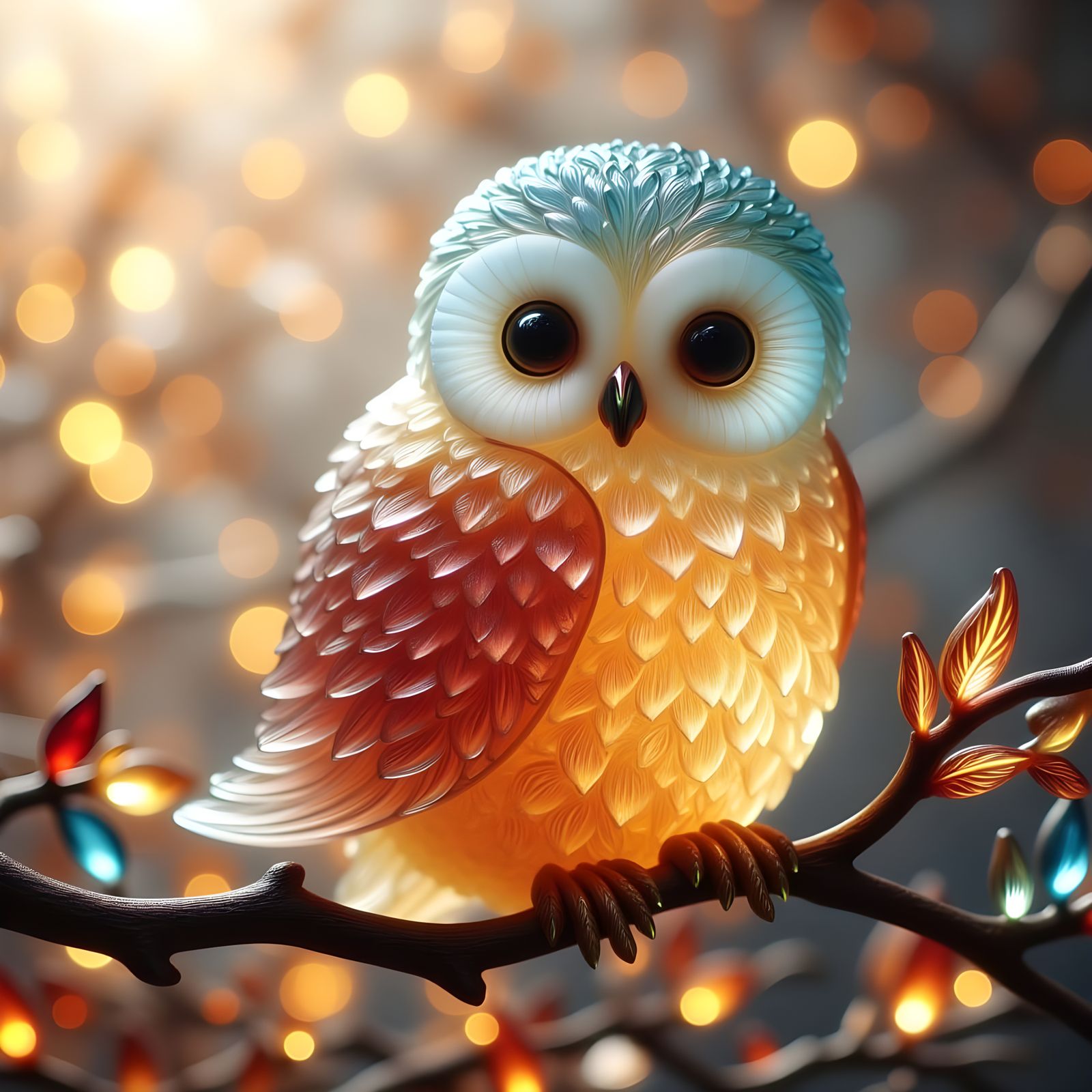Vibrant Autumn Frosted Glass Owl Perched on a Branch