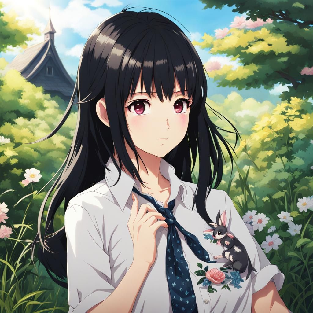 Anime Girl in Flower Field with Rabbit Shirt