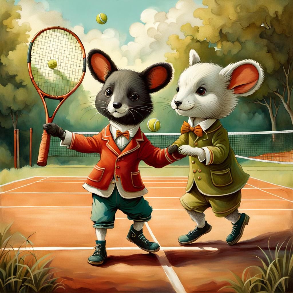 Whimsical Animals Play Tennis in Storybook Illustration