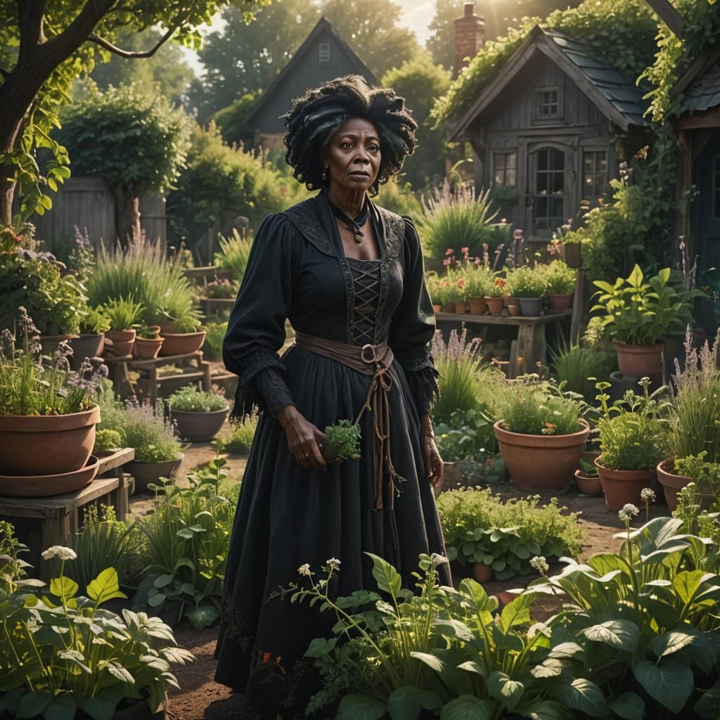 Black Witch in Lush Herb Garden Scene