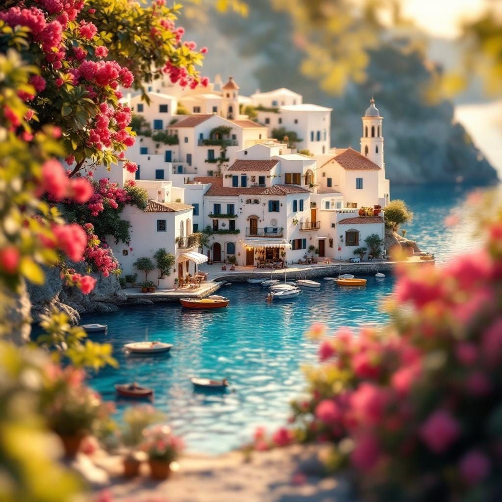 Miniature Mediterranean Village by the Sea in Summer