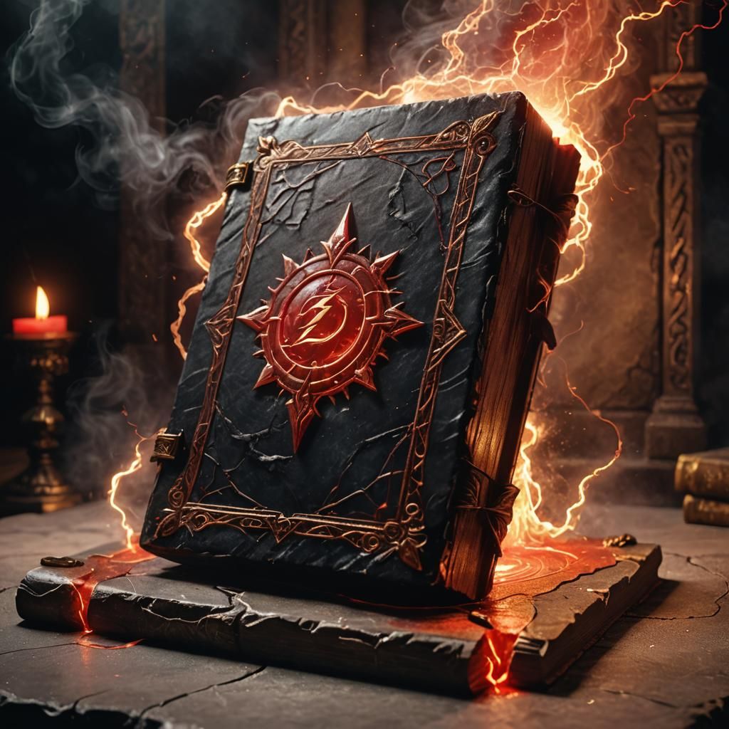 Red Lightning Spellbook on Stone Pedestal