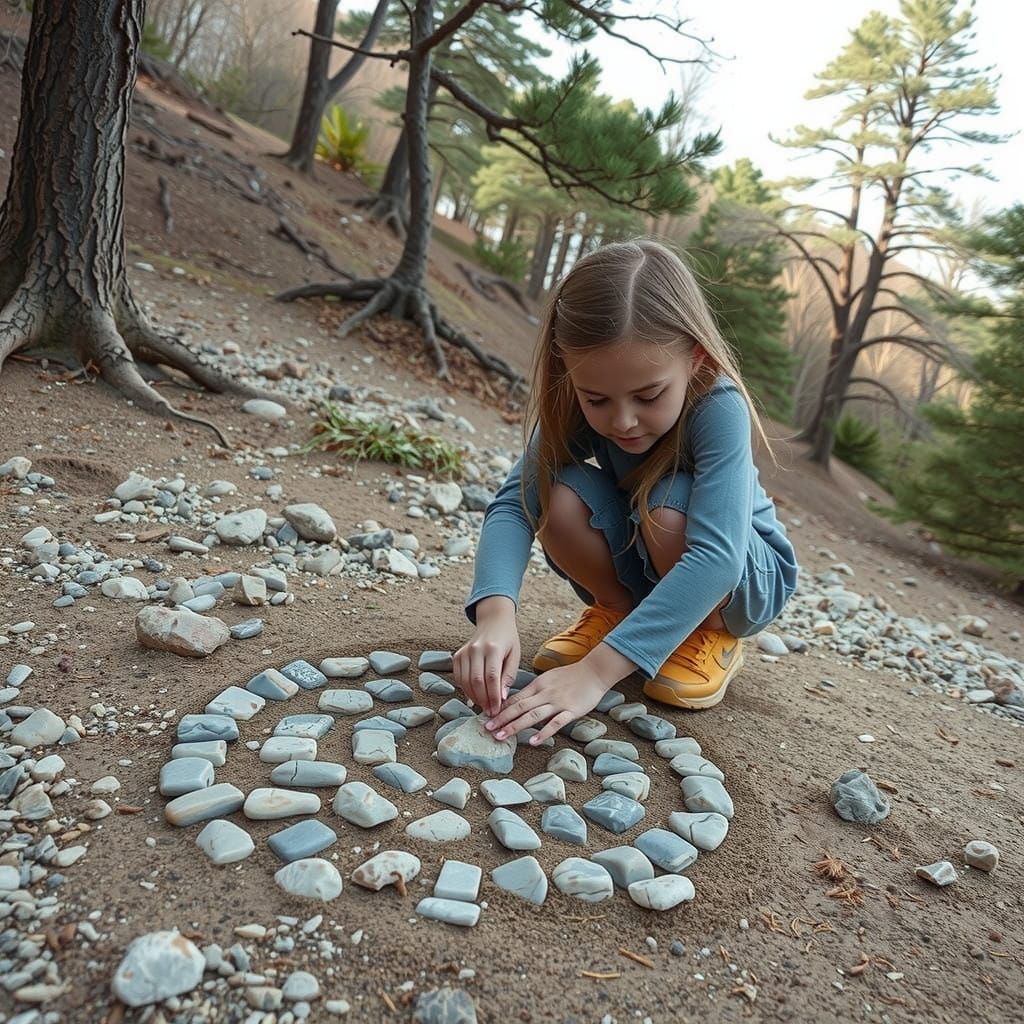 Girl Creates Natural Mosaic with Stones on Hillside