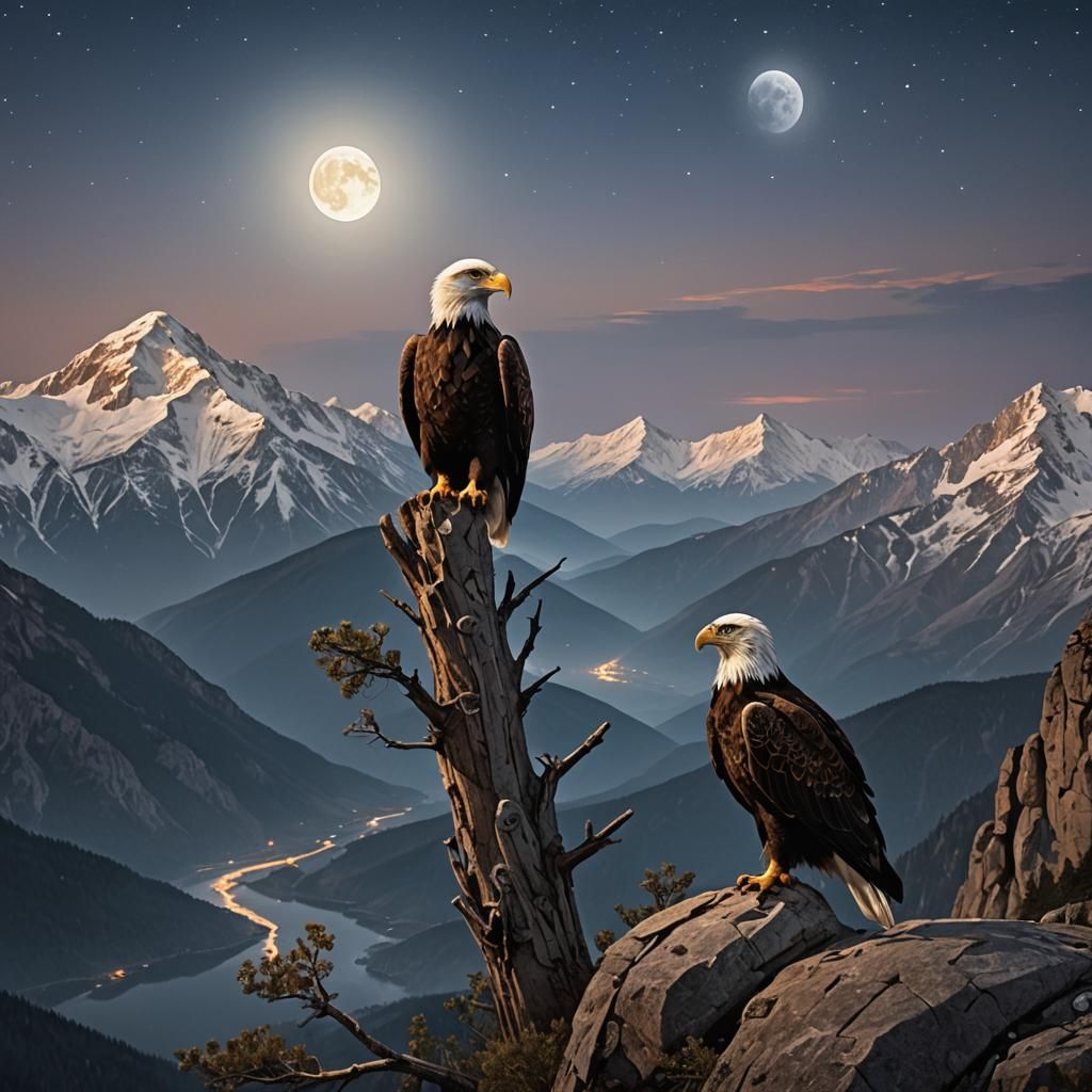 Eagles Gazing at Moonlit Mountain Vista