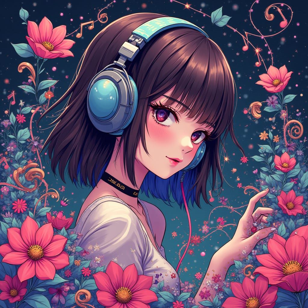 Anime Girl Glitchcore Headphones Art