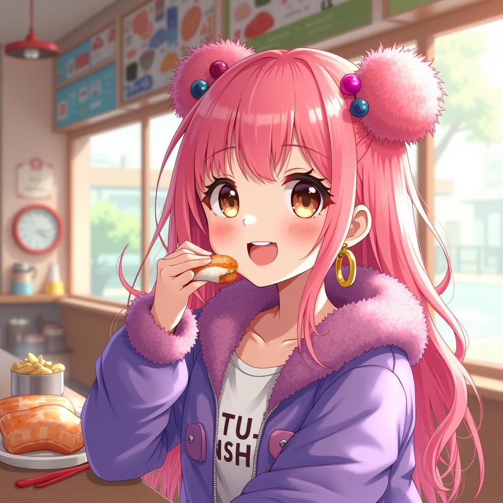 Anime Girl Eating Nigiri in Kawaii Sushi Shop