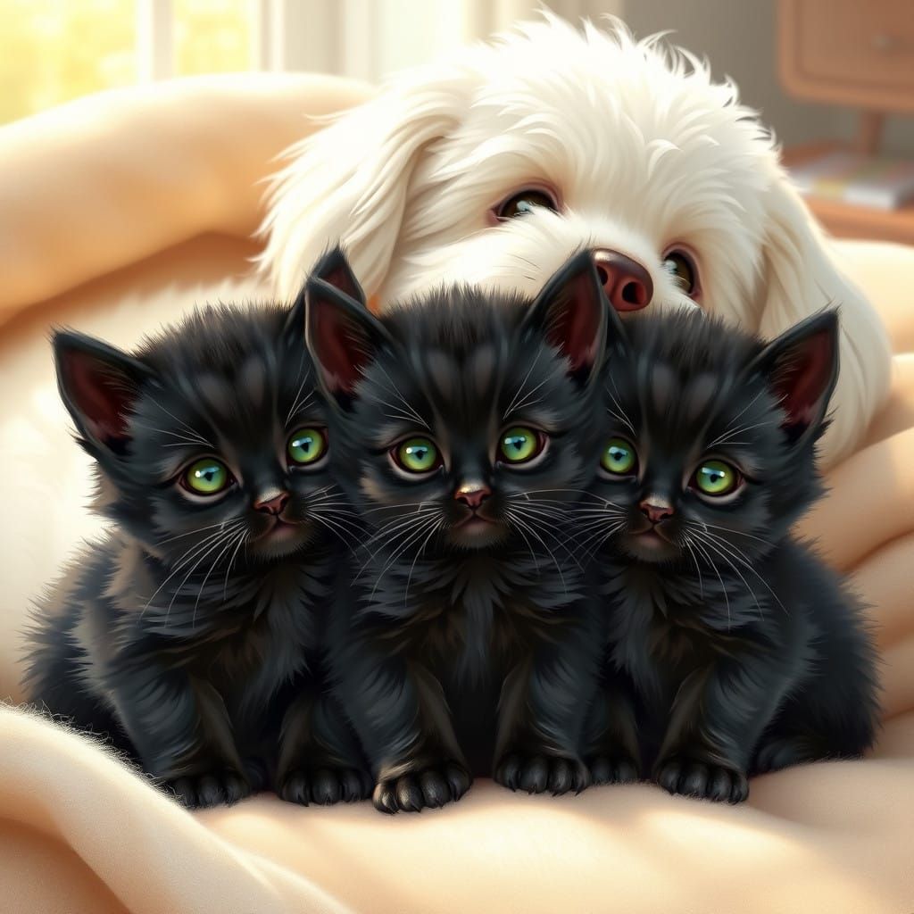 Whimsical Friends: Black Kittens and White Dog Cuddle Togeth...
