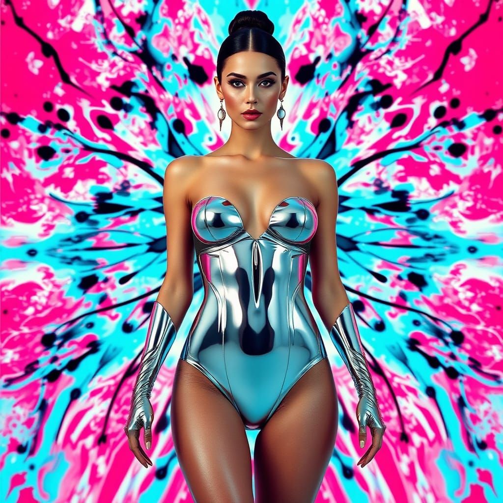 Chrome Bikini Model in Electric Rorschach Landscape