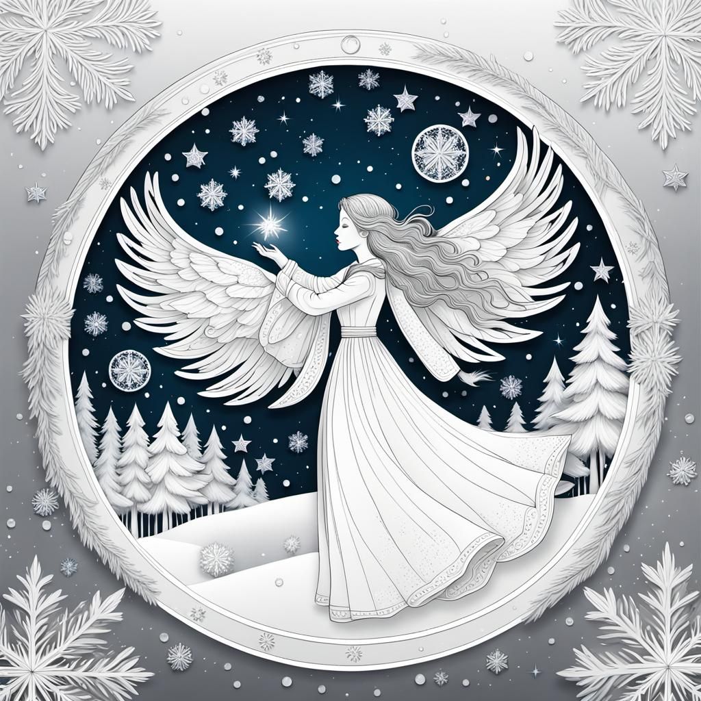 Whimsical Angel Illustration with Snow Crystals and Stars