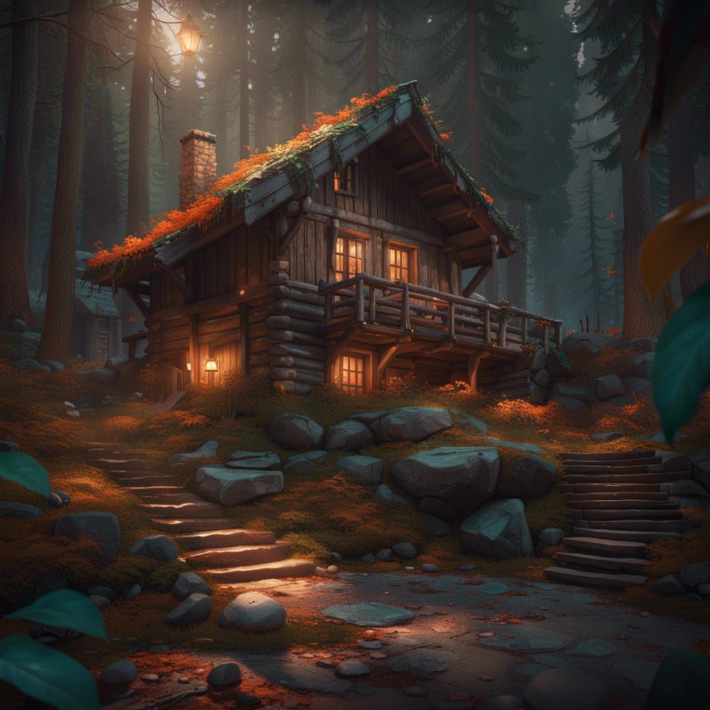 Cozy Cabin in Woods: Hyperdetailed Concept Art