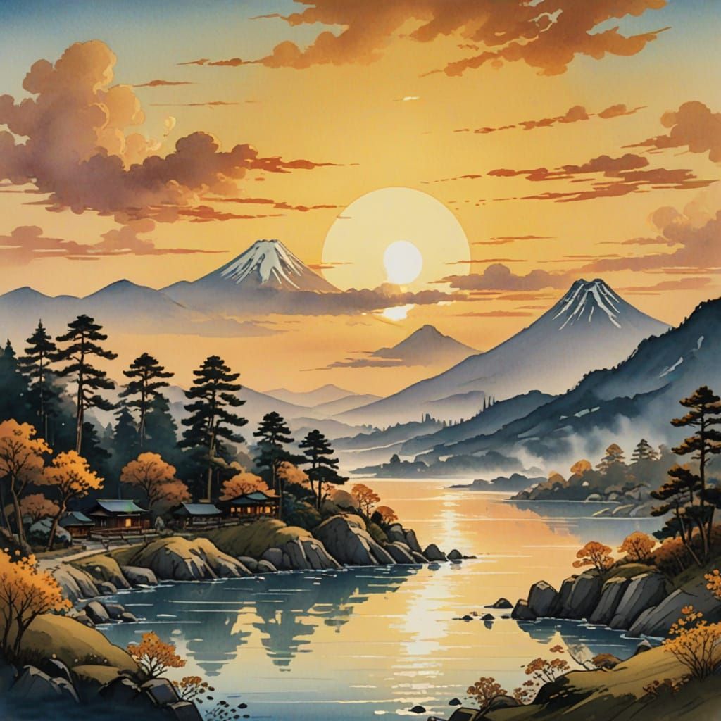 Surreal Japanese Landscape in Gouache Style with Intricate B...