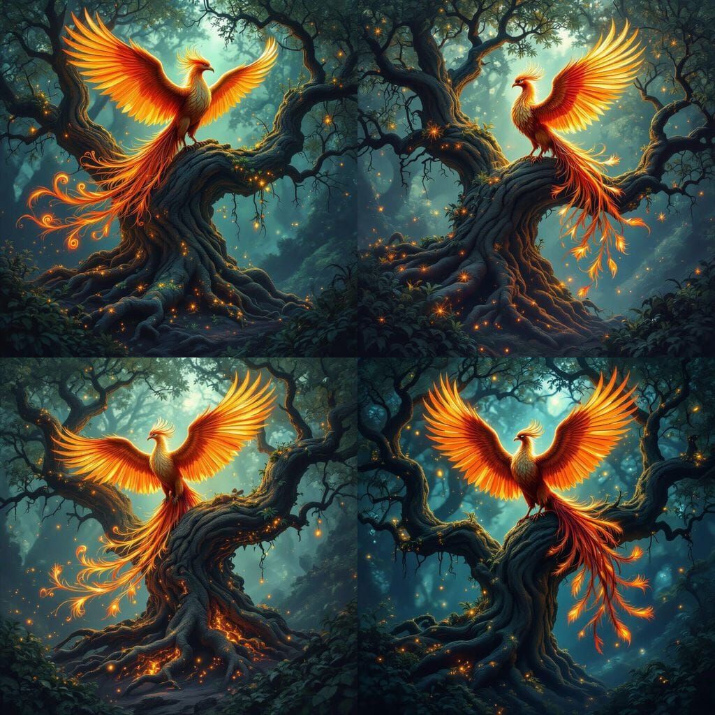 Majestic Phoenix in Bioluminescent Forest