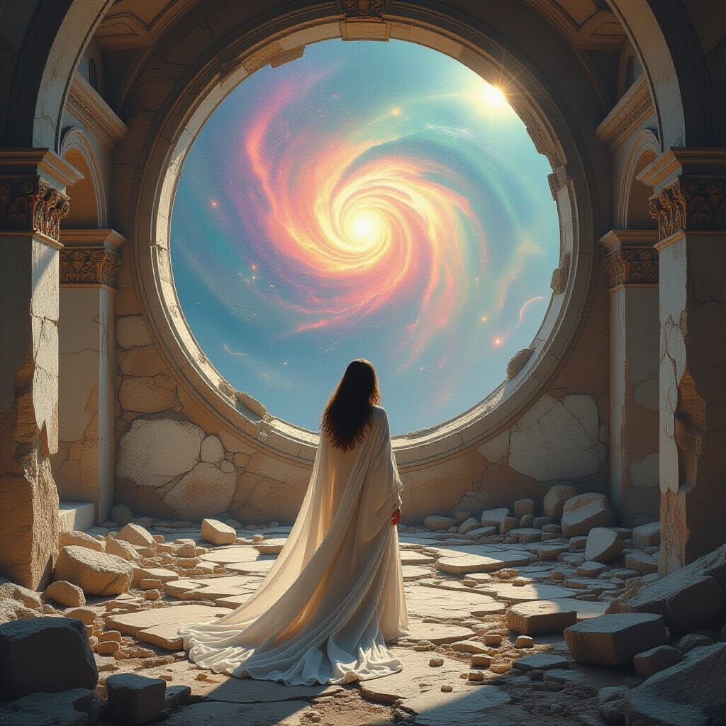 Woman in Ancient Observatory Under Cosmic Nebula