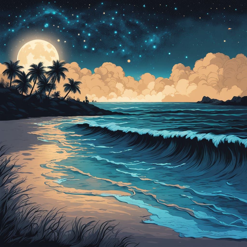 Visualize a pristine tropical beach at night under a sky fil...