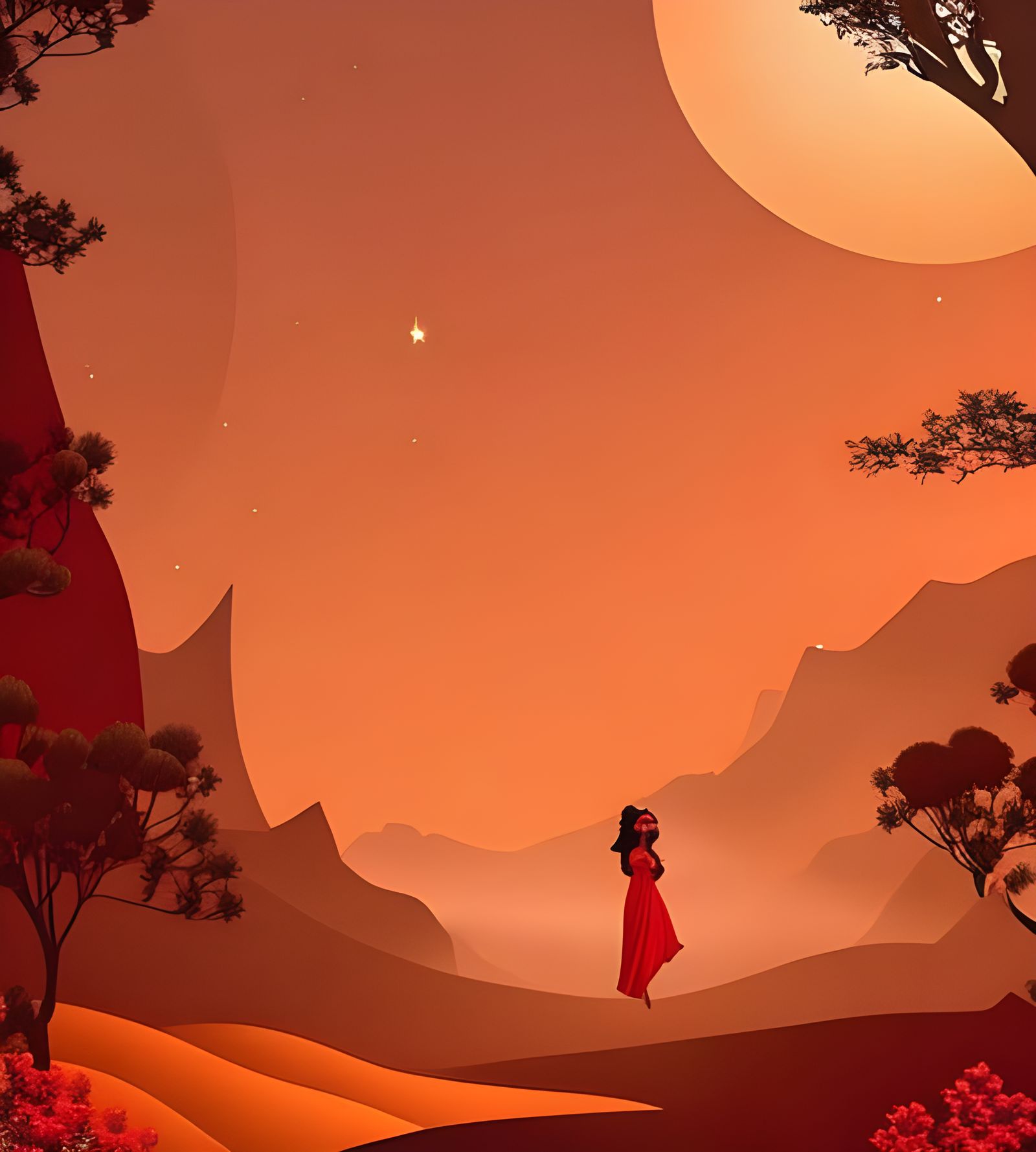 Red Martian Landscape in Storybook Illustration Style