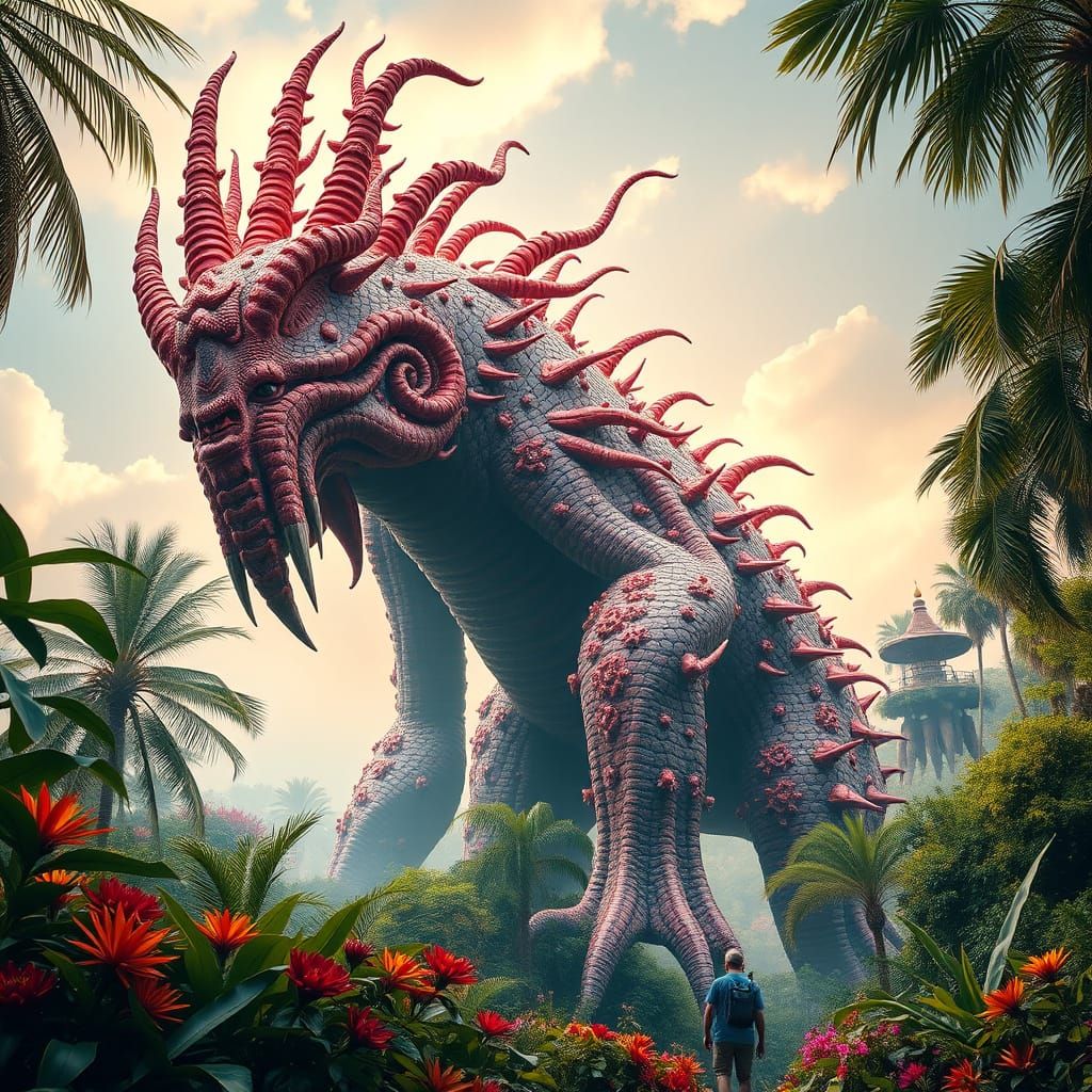 Colossal High-Fantasy Creature in Lush Vibrant Garden